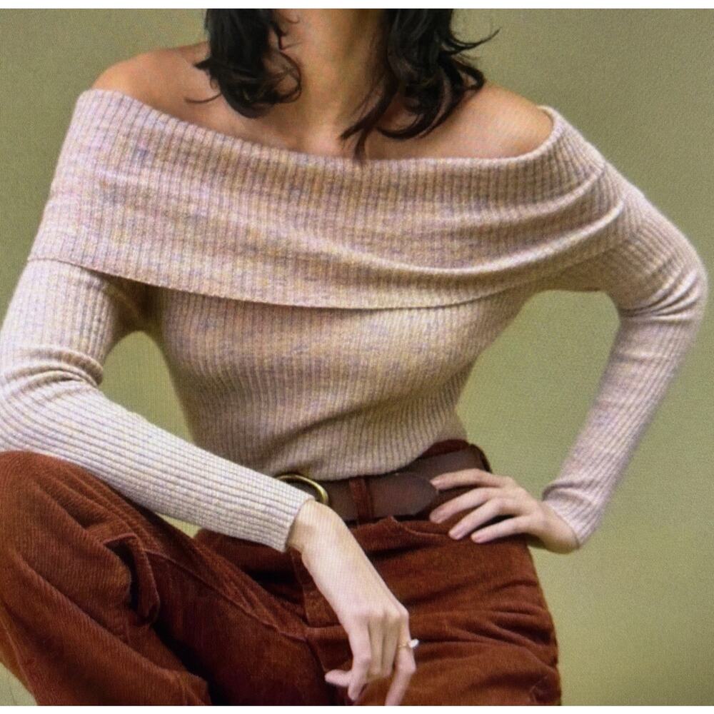 Maeve Anthropologie Womens Taupe cashmere Off Shoulder Sweater XS sparkle party